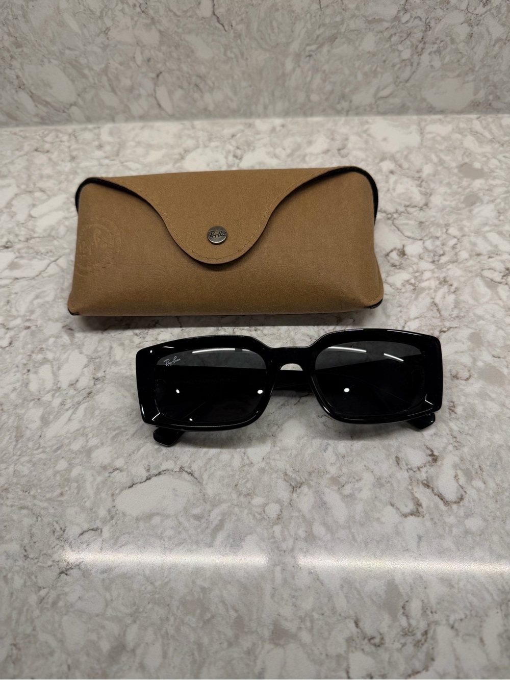 Ray-Ban Women's Black Rectangular Sunglasses with Brown Case